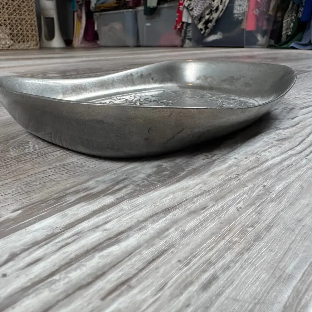 Vintage 70s Wilton Pewter Tray Oval Etched Birds Witchy Cottagecore Decor
